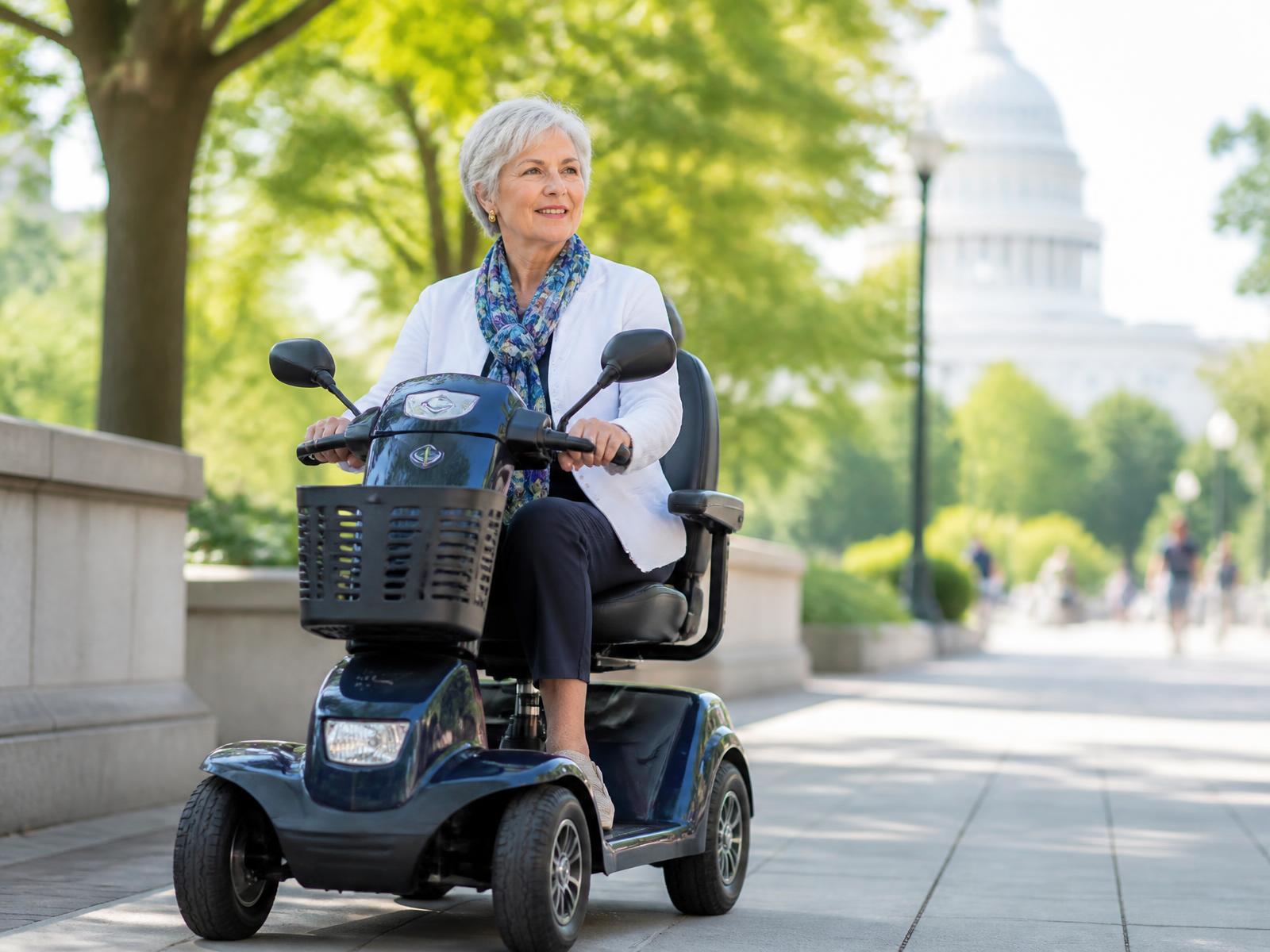 Woman riding a travel mobility scooter outdoors